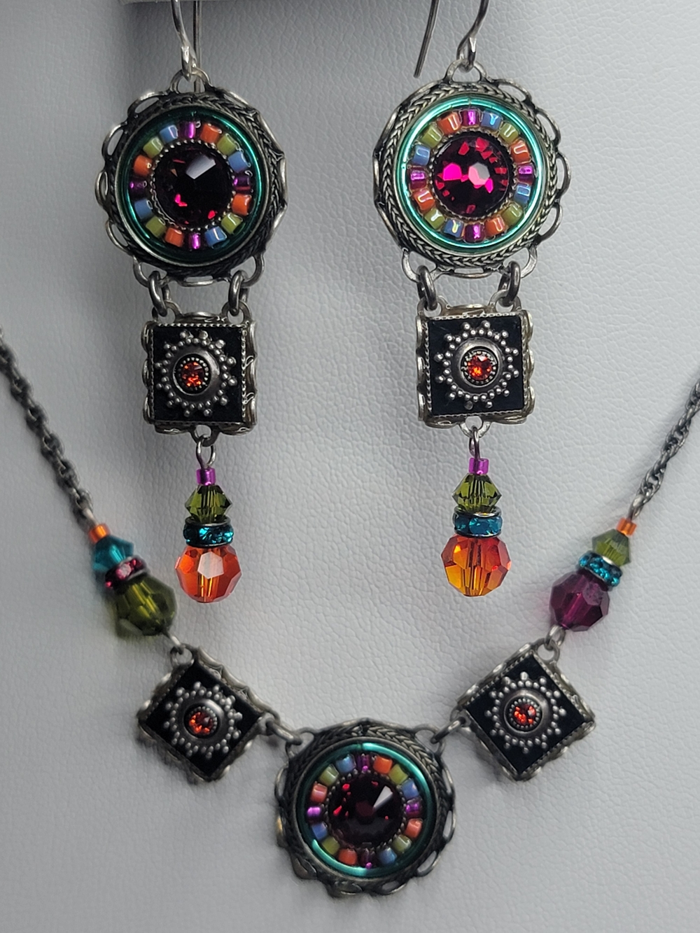 Multicolor Beaded Crystal Pendant Necklace with Matching Drops - Women Jewelry